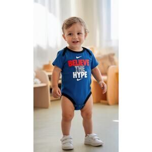 Nike Baby Bodysuit Romper Unisex 9-12M Blue Short Sleeve Believe The Hype